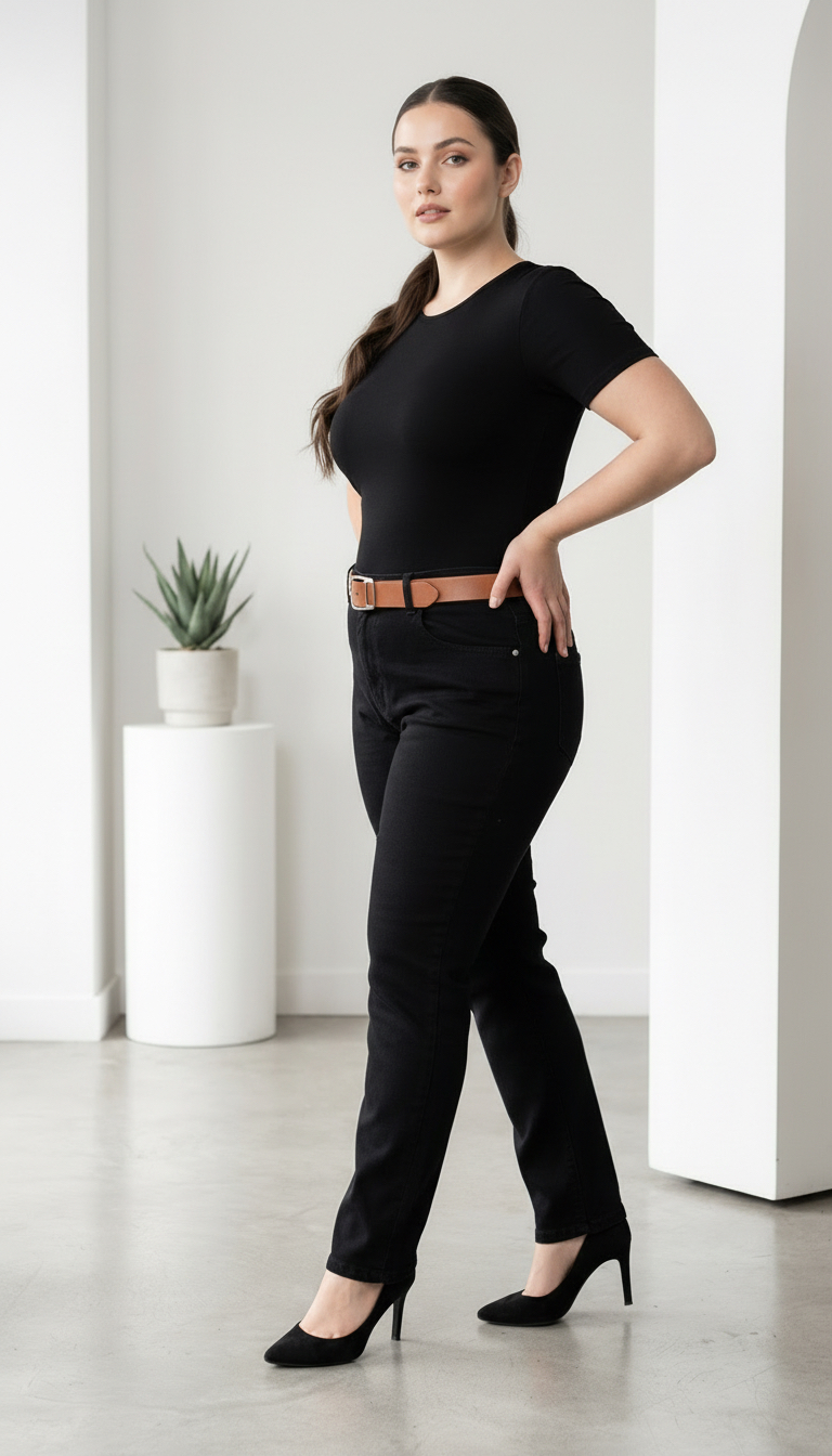 ΚΟΜΨΟ ΜΟΝΤΕΛΟ ΤΖΙΝ ΣΕ ΜΑΥΡΟ PLUS SIZE ΜΕ ΖΩΝΗ