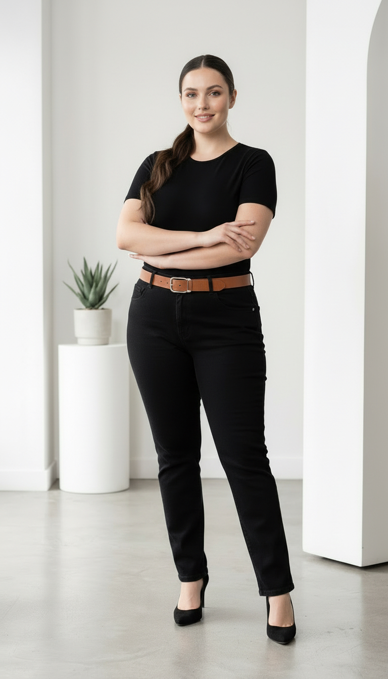 ΚΟΜΨΟ ΜΟΝΤΕΛΟ ΤΖΙΝ ΣΕ ΜΑΥΡΟ PLUS SIZE ΜΕ ΖΩΝΗ