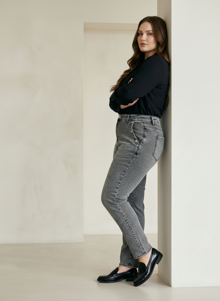 ΕΛΑΣΤΙΚΟ ΓΚΡΙ ΤΖΙΝ ΜΕ ΜΟΝΤΕΡΝΑ ΕΜΦΑΝΙΣΗ PLUS SIZE