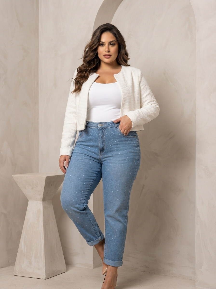 ΦΩΤΕΙΝΟ DENIM ΜΕ ΣΤΡΑΣ, ΜΟΝΤΕΡΝΟ ΣΤΥΛ PLUS SIZE