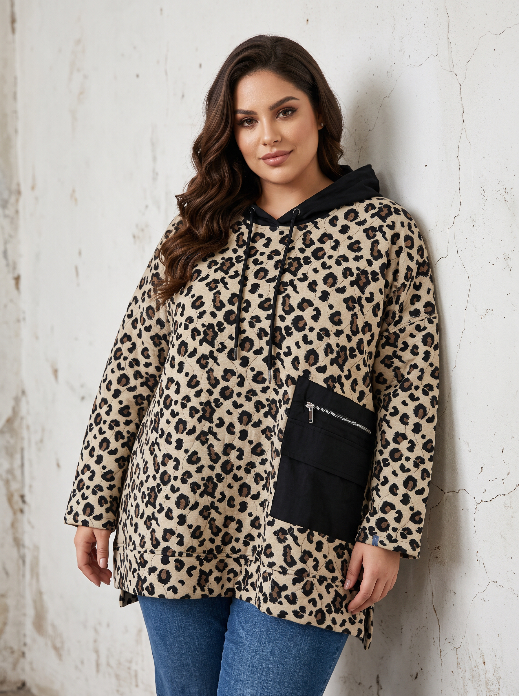 ΓΥΝΑΙΚΕΙΟ SWEATSHIRT ΜΕ ΛΕΟΠΑΡ ΣΧΕΔΙΟ ΚΑΙ ΚΟΥΚΟΥΛΑ PLUS SIZE