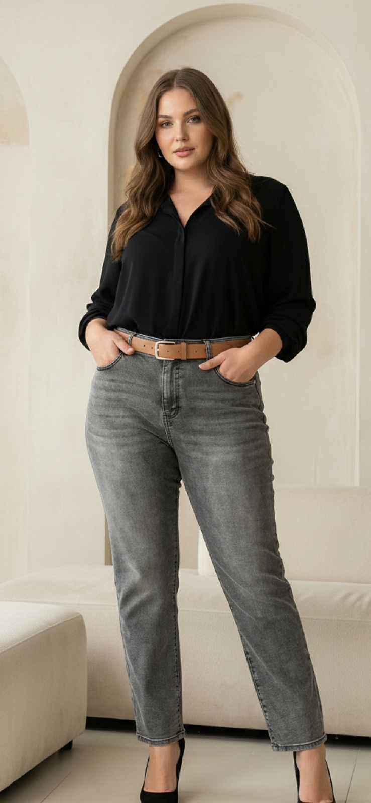 ΕΛΑΣΤΙΚΑ ΑΝΟΙΞΙΑΤΙΚΑ ΓΚΡΙ ΤΖΙΝ ΜΕ ΖΩΝΗ – PLUS SIZE