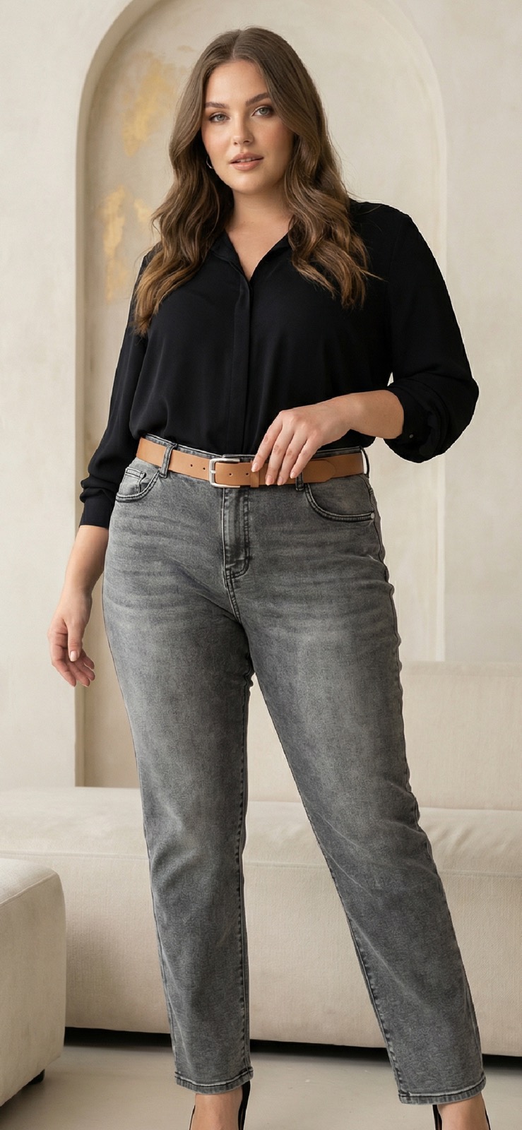 ΕΛΑΣΤΙΚΑ ΑΝΟΙΞΙΑΤΙΚΑ ΓΚΡΙ ΤΖΙΝ ΜΕ ΖΩΝΗ – PLUS SIZE